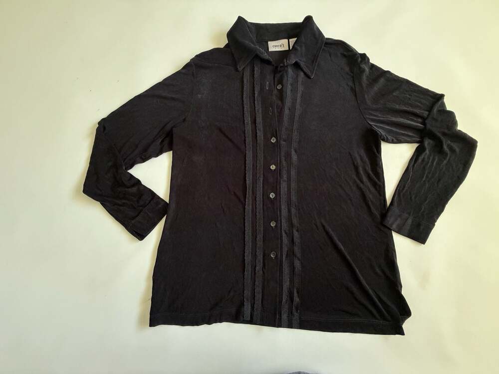 Chicos Travelers Shirt Size 2 Women’s Black Acetate Blend Button Up